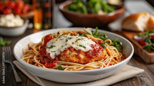 A classic chicken parmesan topped with melted mozzarella and marinara sauce.