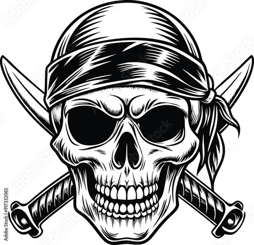 A pirate skull with knife  vector illustration silhouette monochrome style