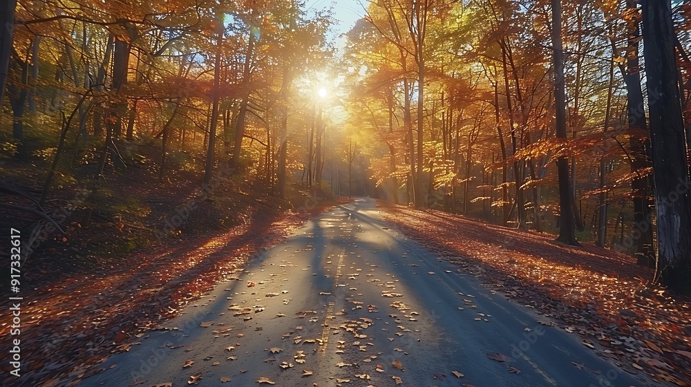 Obraz premium A romantic autumn drive, the road flanked by trees in brilliant fall colors, leaves swirling in the breeze, the low angle of the sun casting long shadows, natural look, hd quality. --ar 16:9 --v 6.