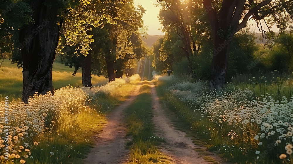 A romantic drive along a countryside path, lined with rustic trees and blooming wildflowers, the gentle light of sunset casting long shadows and creating a serene and inviting atmosphere, A romantic drive along a countryside path, lined with rustic trees and blooming wildflowers, the gentle light of sunset casting long shadows and creating a serene and inviting atmosphere,