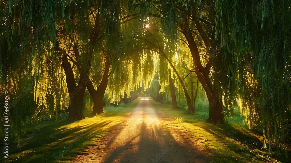 Naklejka premium A romantic drive beneath weeping willow trees, the path shaded by their cascading branches, the soft glow of the setting sun casting a warm and magical light, natural look, hd quality.