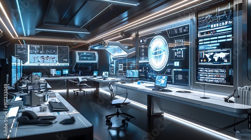 Wallpaper Mural An advanced office environment with futuristic design elements, high-tech equipment, and a minimalist desk setup. Torontodigital.ca