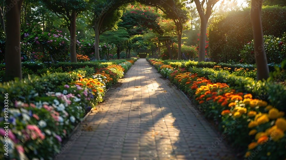 Obraz premium A romantic drive through a manicured garden, the path bordered by colorful flowers and neatly trimmed bushes, ornamental trees forming a natural archway,