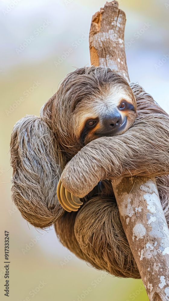 Cute sloth hanging on tree branch in the wild Cute sloth hanging on tree branch in the wild