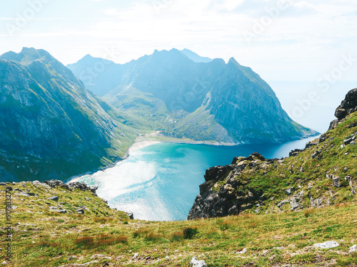 norway, lofoten, the lofoten islands, Ryten, Kvalvika Beach, water, view, landscape, nature, sky, sea, mountains, summer, travel, ocean, clouds, tourism, fjord, vacation, mountain, europe, scenic photo