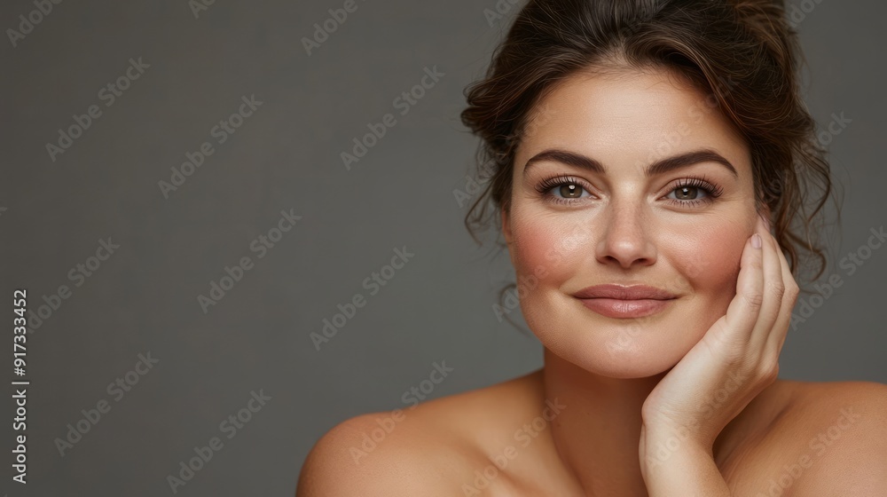 A woman beams with warmth, resting her chin on her hand, exuding calm elegance A woman beams with warmth, resting her chin on her hand, exuding calm elegance