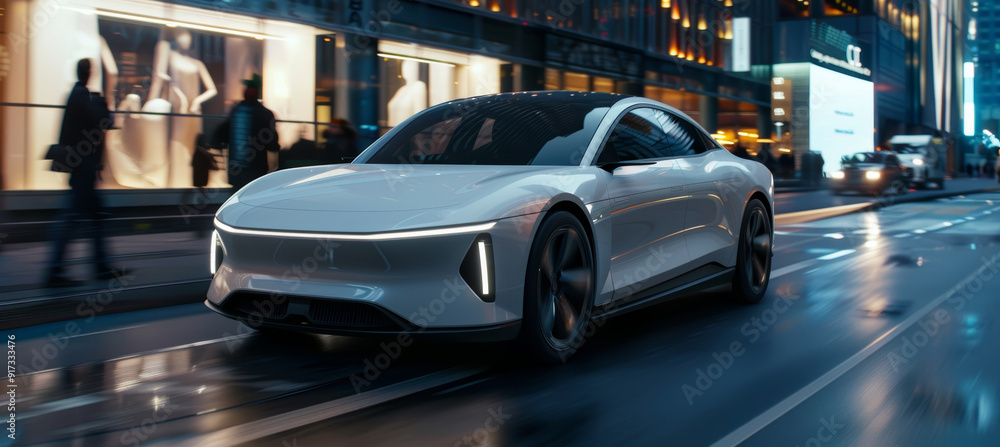 Fototapeta premium Sleek Modern Electric Sedan Navigating Bustling City Street at Night - Urban Mobility Concept