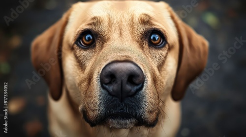 Close-up portrait of a dog, a golden retriever, with soft, light fur and large, brown eyes. It is looking directly at the camera. The dog's nose is black and wet, and its whiskers are visible.