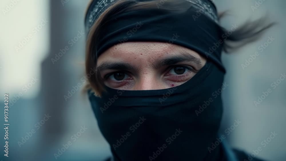 Slicked back hair and a bandana tied over the lower half of their face gives the urban ninja a rugged and rebellious look. Slicked back hair and a bandana tied over the lower half of their face gives the urban ninja a rugged and rebellious look.