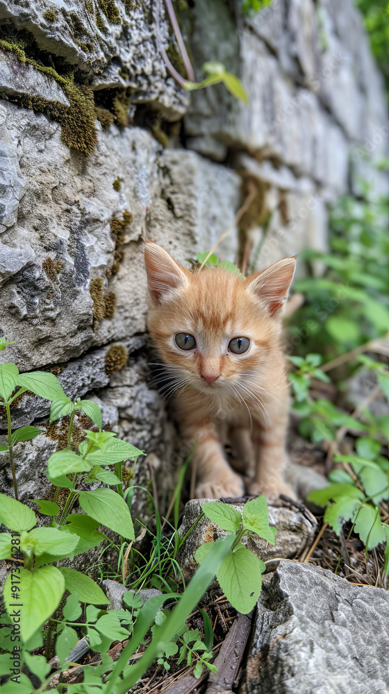Kitten exploring near stone wall Kitten exploring near stone wall