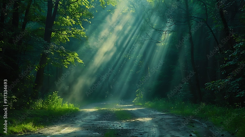 Fototapeta premium A serene drive through an enchanted forest, the dense canopy above with rays of light filtering through, illuminating the path with a soft, mystical light, natural look, hd quality. --ar 16:9 --v 6.