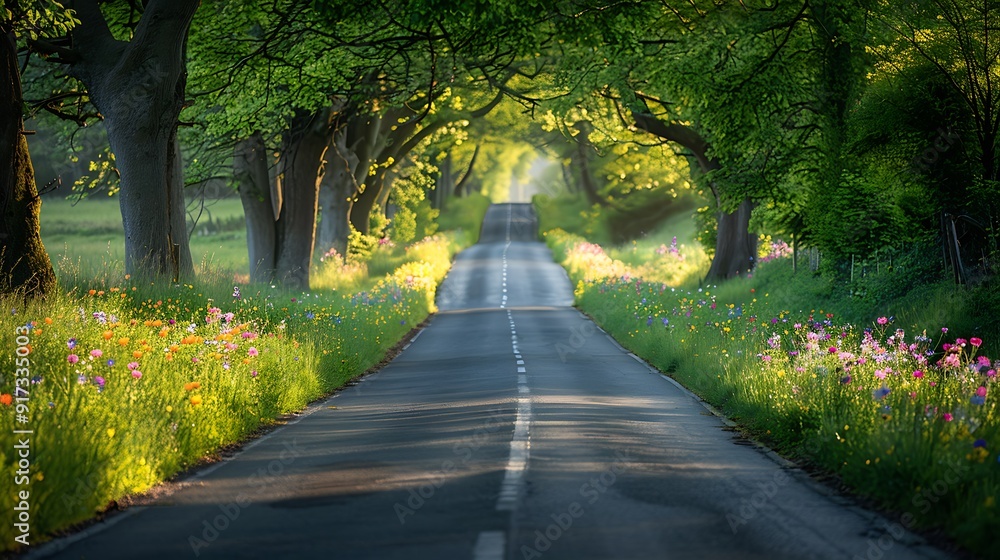 A tranquil countryside drive, the road lined with rustic trees and vibrant wildflowers, the gentle light of early morning creating a peaceful and inviting scene, natural look, hd quality. A tranquil countryside drive, the road lined with rustic trees and vibrant wildflowers, the gentle light of early morning creating a peaceful and inviting scene, natural look, hd quality.