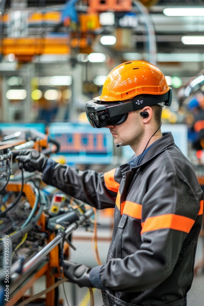 Engineer Using Augmented Reality Glasses for Troubleshooting in Modern Automobile Factory Engineer Using Augmented Reality Glasses for Troubleshooting in Modern Automobile Factory