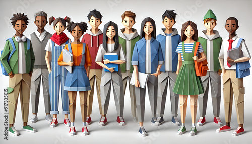 Back to School: Diverse Group of Students in Casual and School Uniforms, Origami Style