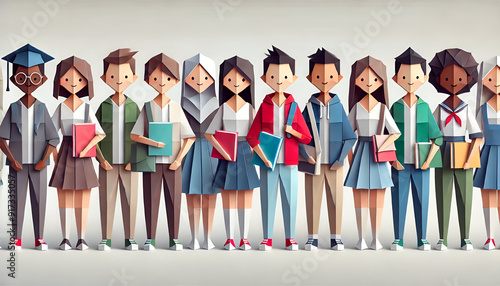 Back to School: Diverse Group of Students in Casual and School Uniforms, Origami Style