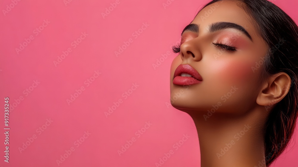 Emanating grace, the model poses against a vibrant pink backdrop Emanating grace, the model poses against a vibrant pink backdrop