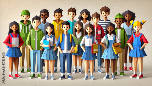 Back to School: Diverse Group of Students in Casual and School Uniforms, Origami Style