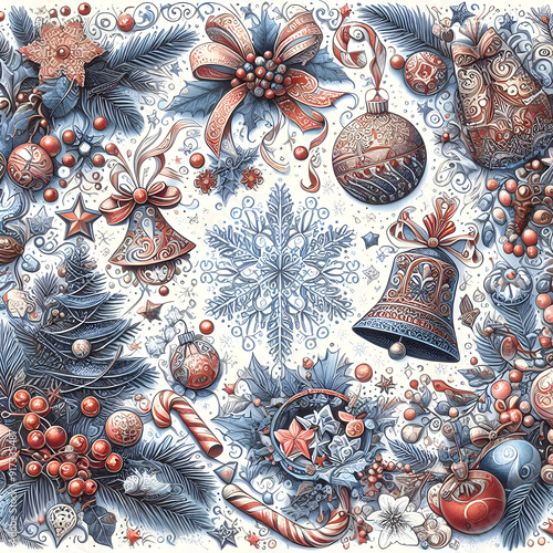 The Original Image on the New Year Theme for a Greeting Card Ringbell, Snowflake, Candy photo