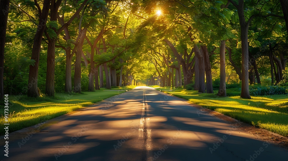 Obraz premium A beautiful drive during the golden hour, the road flanked by trees, the warm, golden light casting long shadows and creating a serene and inviting atmosphere, natural look, hd quality.