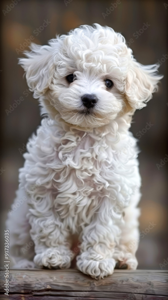 White curly puppy sitting on wooden surface White curly puppy sitting on wooden surface