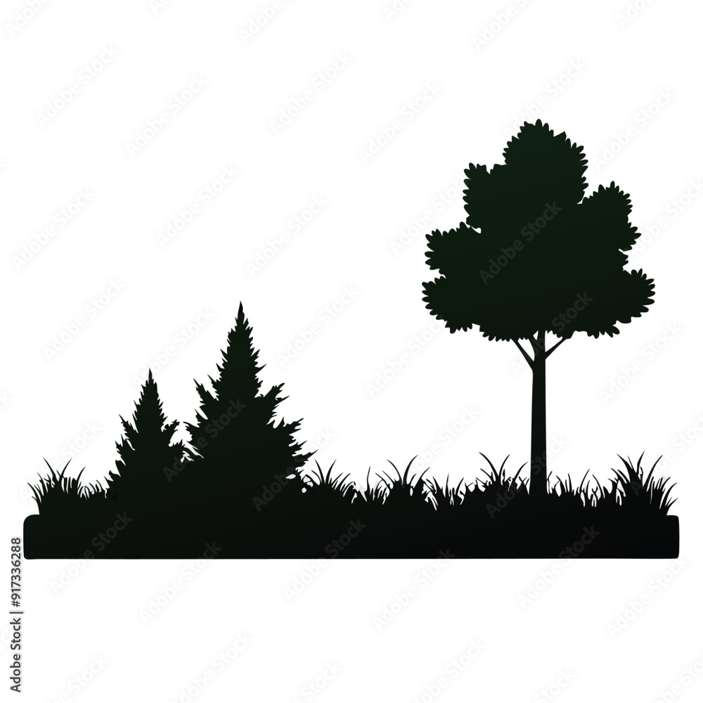 Fototapeta premium a forest with tree vector silhouette, grass, tree, and field, vector silhouette, isolated white background 