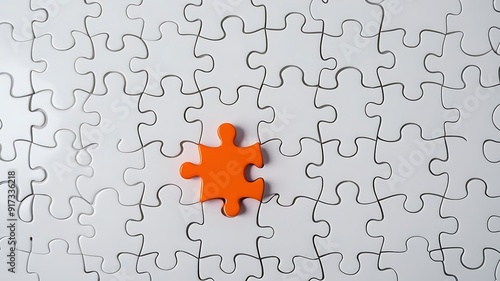 A completed white puzzle with one orange piece slightly out of place, emphasizing the role of individual contributions in the larger picture of teamwork and solutions. Real photo, stock photograph.
