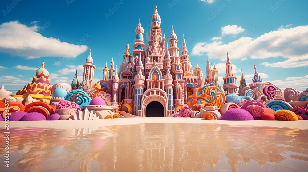 Obraz premium A 3D rendering of a whimsical candy castle, featuring vibrant colors.