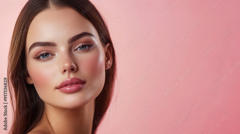 A young woman showcases her radiant beauty with soft pink tones illuminating her features A young woman showcases her radiant beauty with soft pink tones illuminating her features