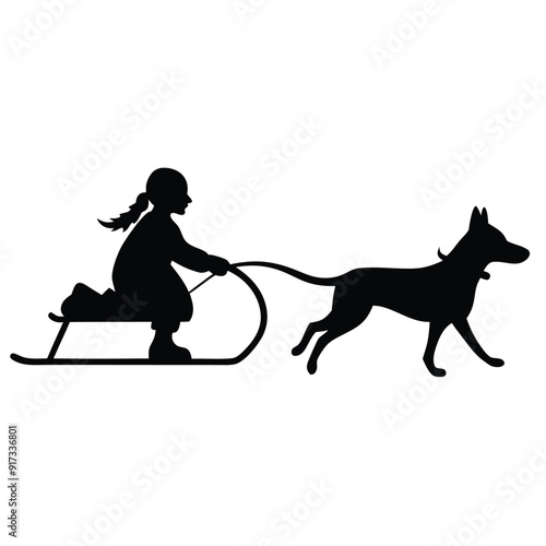 a vector silhouette, girl who is sledding with his dog on white background 