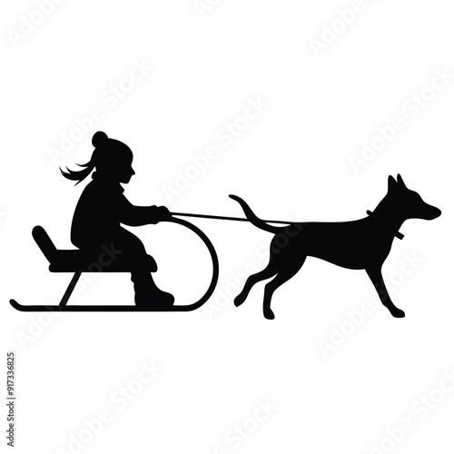 a vector silhouette, girl who is sledding with his dog on white background 