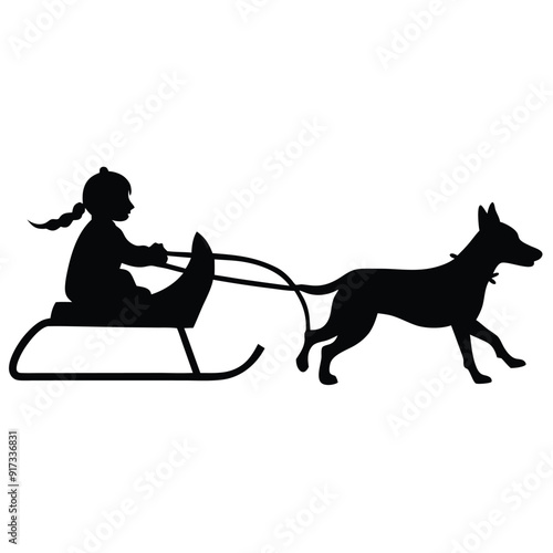 a vector silhouette, girl who is sledding with his dog on white background 
