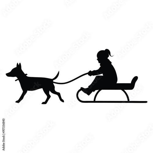 a vector silhouette, girl who is sledding with his dog on white background 