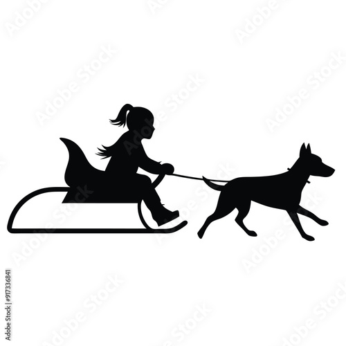 a vector silhouette, girl who is sledding with his dog on white background 