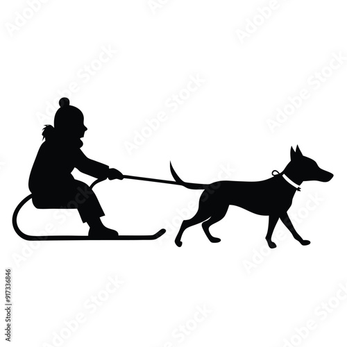 a vector silhouette, girl who is sledding with his dog on white background 