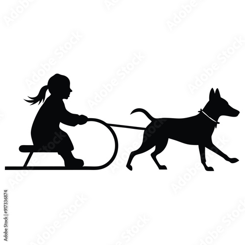 a vector silhouette, girl who is sledding with his dog on white background 