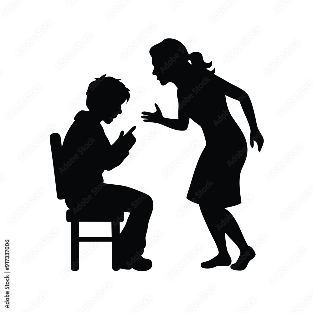a woman are shouting on her child, aggesive mode, child are crying sitting on the chair, vector silhouette a woman are shouting on her child, aggesive mode, child are crying sitting on the chair, vector silhouette