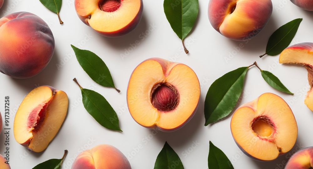 Fresh peach fruits with green leaves on white. Top view flat lay Fresh peach fruits with green leaves on white. Top view flat lay
