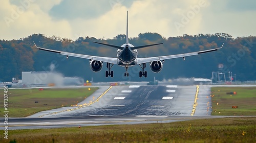 A close-up of an airplane's flaps extended during landing, with the runway in sight photo