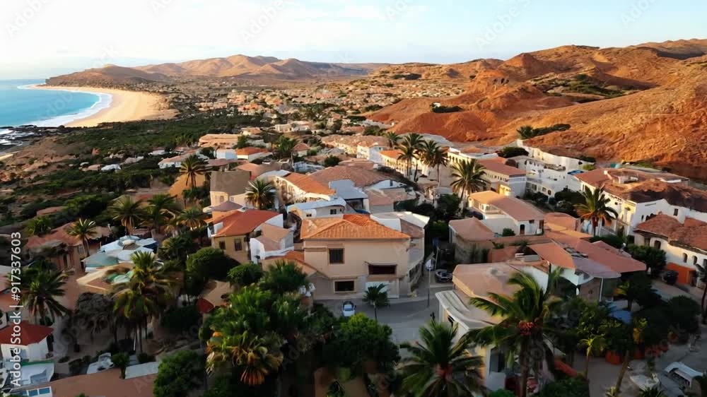 Aerial view of charming coastal town bathed in golden sunlight Aerial view of charming coastal town bathed in golden sunlight