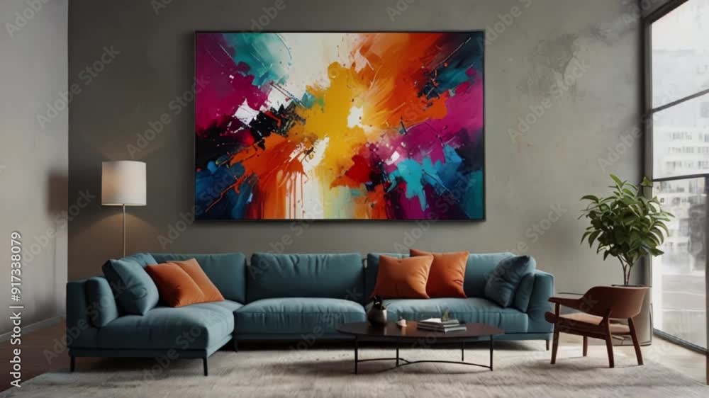 Brighten your living room with a large, abstract painting in vibrant colors. Brighten your living room with a large, abstract painting in vibrant colors.