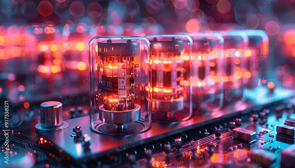 A close-up view of a circuit board featuring illuminated red lights. A close-up view of a circuit board featuring illuminated red lights.