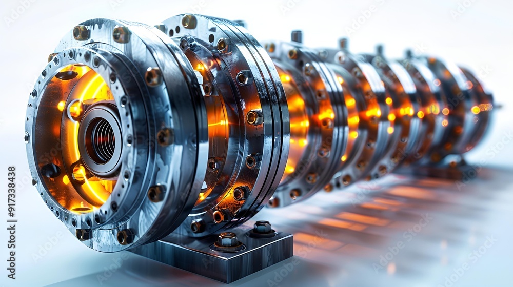 Obraz premium A close-up view of a metallic gear featuring illuminated lights.