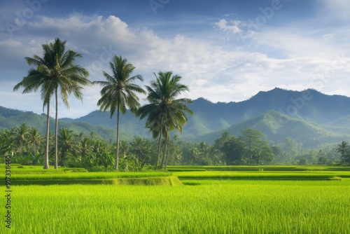 Lush Green Rice Fields and Towering Palms on the Serene Landscape of Lombok Island, Indonesia, with a Tranquil Mountain Range in the Background. photo