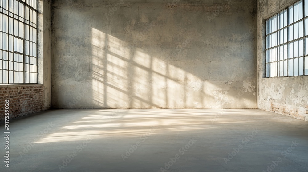 An old unused factory space with a dusty cement floor and a peeling brick wall, natural light casting shadows across the scene An old unused factory space with a dusty cement floor and a peeling brick wall, natural light casting shadows across the scene