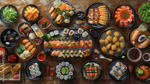 Japanese restaurant dinner table spread in top-down view, array of beautifully plated sushi, sashimi, tempura, surrounded, fresh salads, traditional Japanese food