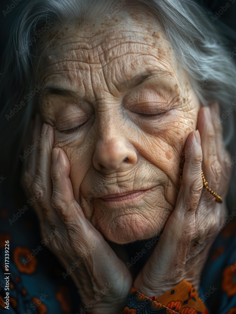 A close-up portrait of an elderly woman with her eyes closed. AI. A close-up portrait of an elderly woman with her eyes closed. AI.