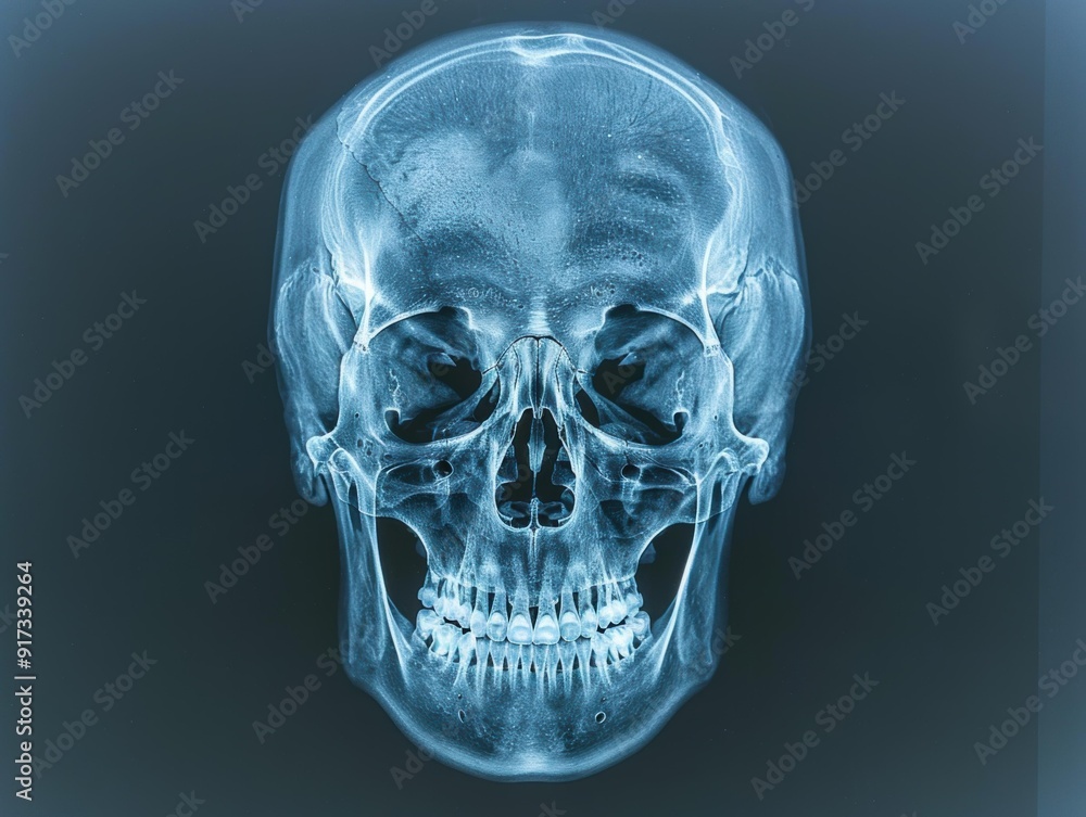 A clear x-ray image of a human skull. AI. A clear x-ray image of a human skull. AI.