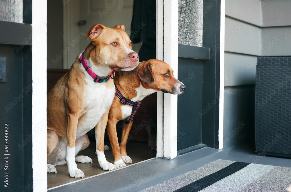 Two dogs waiting by door to go for a walk. Obedience training of 2 bonded dog friends to wait for the release. Door guarding behavior. Female Boxer Pitbull and female Harrier mix. Selective focus. Two dogs waiting by door to go for a walk. Obedience training of 2 bonded dog friends to wait for the release. Door guarding behavior. Female Boxer Pitbull and female Harrier mix. Selective focus.