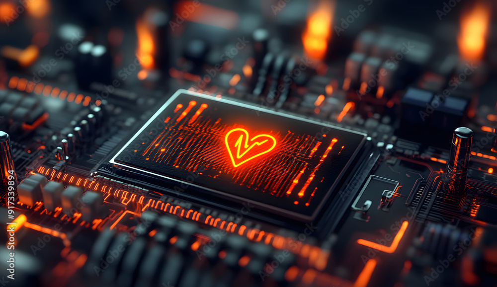 A close-up view of a glowing heartbeat icon displayed on a microchip design A close-up view of a glowing heartbeat icon displayed on a microchip design
