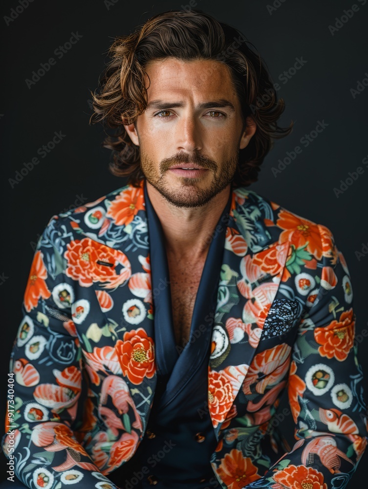 Male model in stylish suit with sushi pattern in style of trendy fashion editorial. Sushi suit. Male model in stylish suit with sushi pattern in style of trendy fashion editorial. Sushi suit.